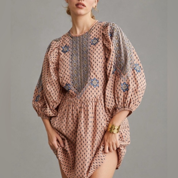 By Anthropologie Embroidered Tunic Mini Dress Medium - Picture 2 of 11